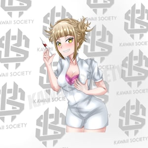 May include: A female anime character with green eyes and blonde hair in a white nurse uniform with a pink bra peeking out. She is holding a syringe with a red liquid in it.
