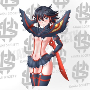May include: Anime illustration of a female character with black hair and red eyes wearing a black and red outfit with a large red sword. The character is standing with one hand on her hip and the other hand holding the sword.