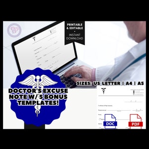Doctor Note + 5 BONUS EXCUSE NOTES For Work | Doctor Excuse Word | Excuse Pad Professional Letter | Drs Note | School Excuse| Doctor Excuse
