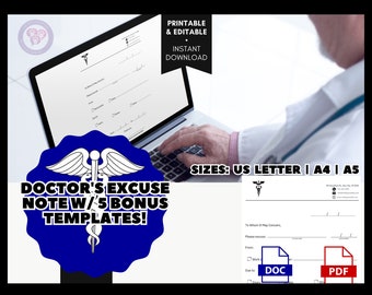 Doctor Note + 5 BONUS EXCUSE NOTES For Work | Doctor Excuse Word | Excuse Pad Professional Letter | Drs Note | School Excuse| Doctor Excuse