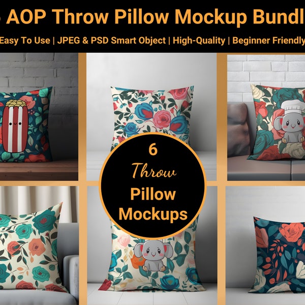 6 AOP Dekokissen Kissen Mockup Bundle Set | All Over Print | Kissenbezug | Leinen | Schein | PSD Smart Objekt | JPEG | Digitaler Download