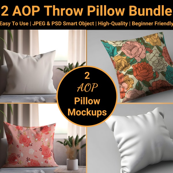 2 AOP Throw Pillow Cushion Mockup Bundle Set  | All Over Print | Pillowcase | Linnen | Sham |  PSD Smart Object | JPEG | Digital Download