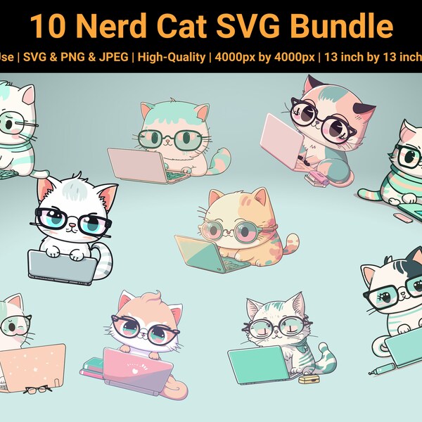 10 Nerd Cat SVG Clipart Cut Files Bundle #1 • Geek Cat Svg • Cat with Glasses • Student Geek Cat Cut Files • SVG • PNG • Instant Download