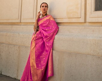 Pink Handloom Weaving khadi Silk Saree With Beautiful Rich Pallu & Blouse For Women Traditional Wedding wear perfact Saree