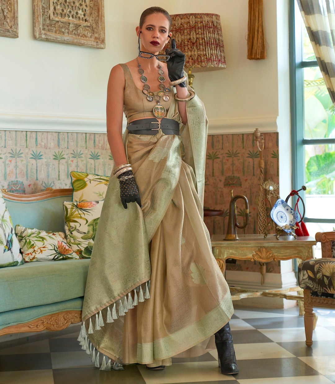 Kalki Koechlin Silver Grey Handloom Zari Silk Saree