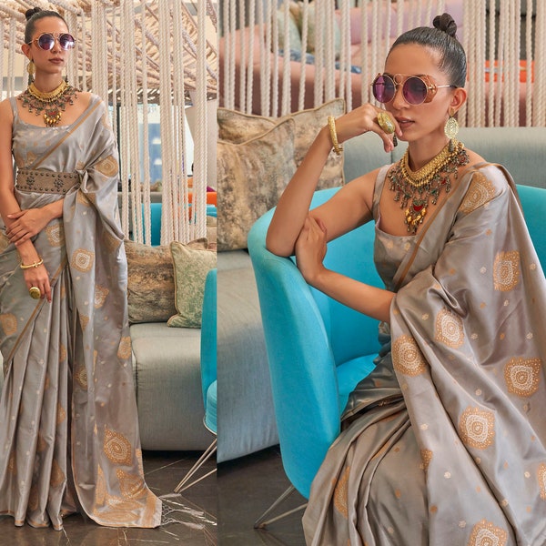 Grey Colour Satin Silk Saree With Zari Weaving Work, Designer Sarees With Tassels