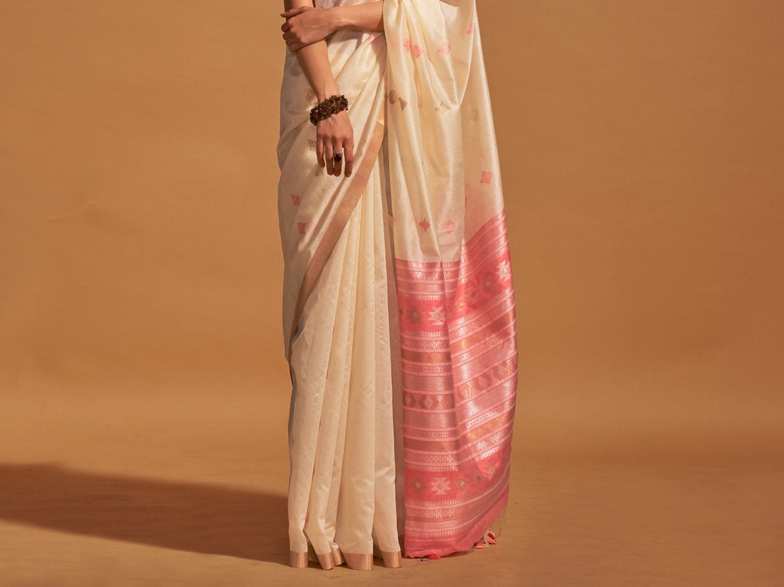 Cream Handloom Silk Weaving Work Classic Saree for Women, Mustard ...