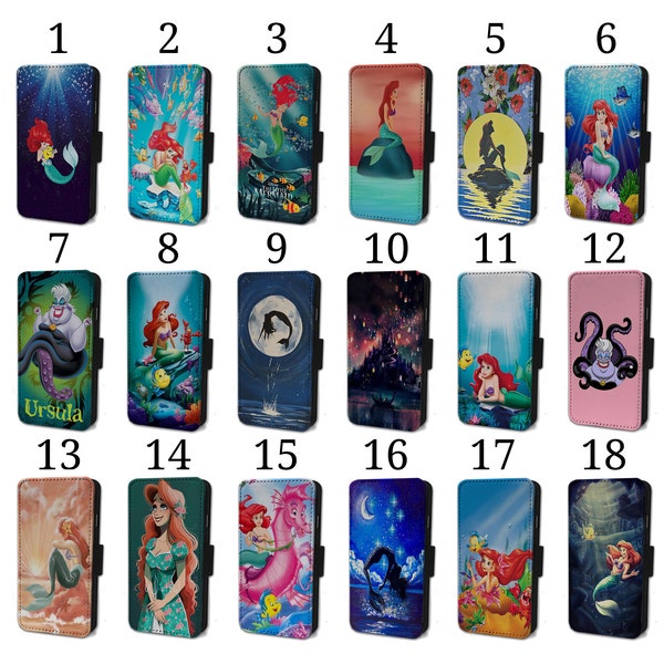 Wallet Phone Case for iPhone 6 7 8 X XR 11 12 13 14 15 Pro Max + Flip Cover - Assorted Designs - Ariel The Little Mermaid Ursula Pretty Fish