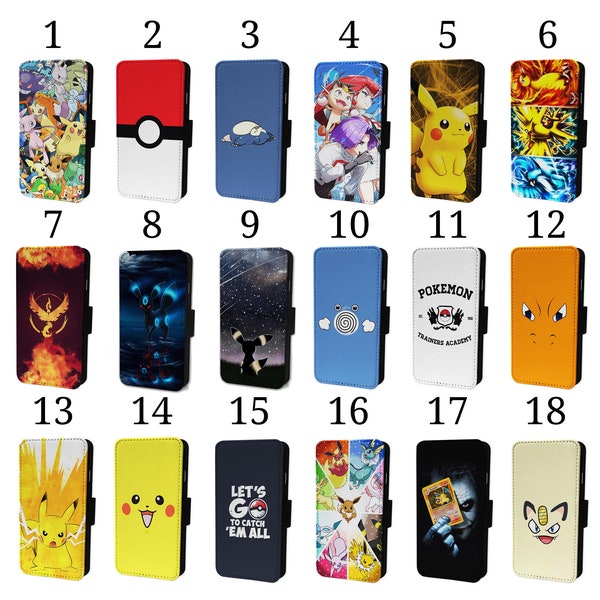 Wallet Phone Case for iPhone 6 7 8 X XR 11 12 13 14 15 Flip Cover - Assorted Designs - Pokemon Characters Pokeball Pikachu Team Rocket Catch