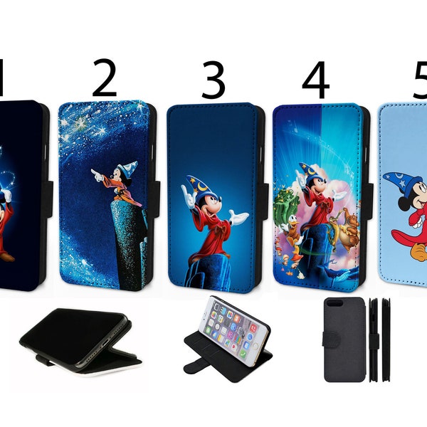 Wallet Phone Case for iPhone 6 7 8 X XR 11 12 13 14 15 Mini Pro Max Plus Flip Cover - Assorted Designs - Mickey Mouse Wizard