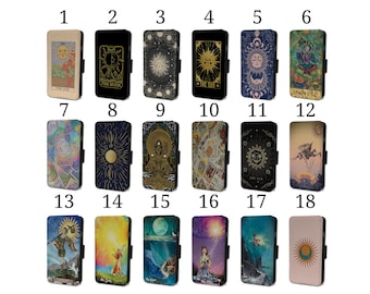 Wallet Phone Case for Samsung S9 S10 S20 S21 S22 S23 Plus Ultra Note - Flip Cover - Tarot Cards Sun Moon Star Fool Colorful Psychic Art