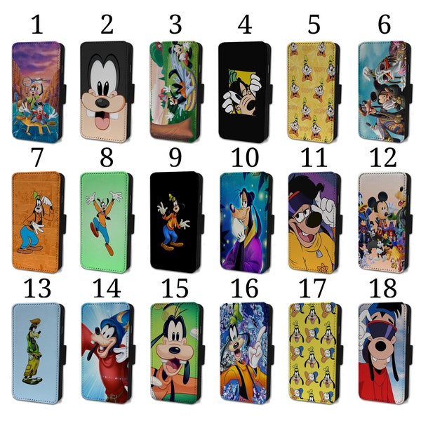 Wallet Phone Case for iPhone 6 7 8 X XR 11 12 13 14 15 Plus Pro Max Flip Cover - Assorted Designs - Goofy Disney Dog Character