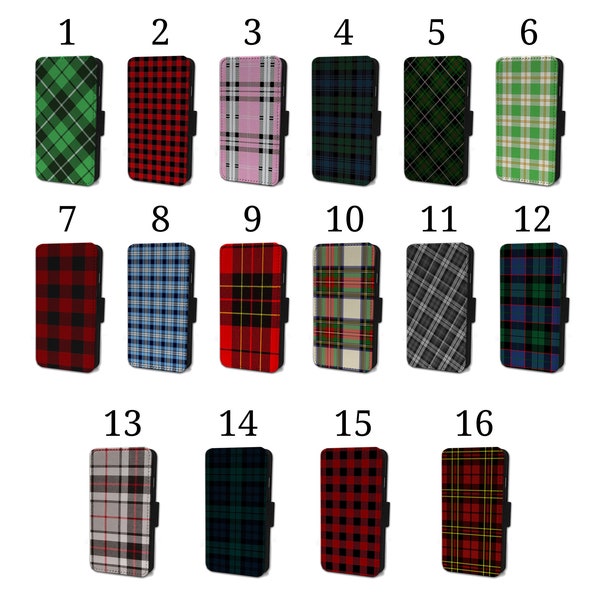 Wallet Phone Case for iPhone 6 7 8 X XR 11 12 13 14 15 Flip Cover - Assorted Designs - Tartan Plaid Scottish Highlands Irish Ireland