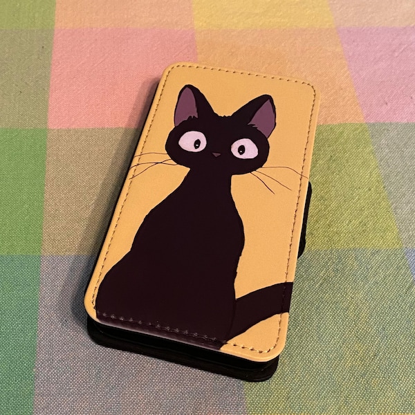 Wallet Phone Case for iPhone & Samsung 6 7 8 X XR 11 12 13 14 15 Pro Max S10 S20 S21 S22 S23 Plus Ultra Flip Cover - Cute Black Cat Yellow