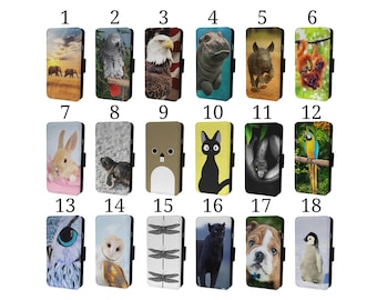 Wallet Phone Case for Samsung S9 S10 S20 S21 S22 S23 Plus Ultra Note - Flip Cover - Elephant Eagle Hippo Cat Rabbit Owl Penguin Dog