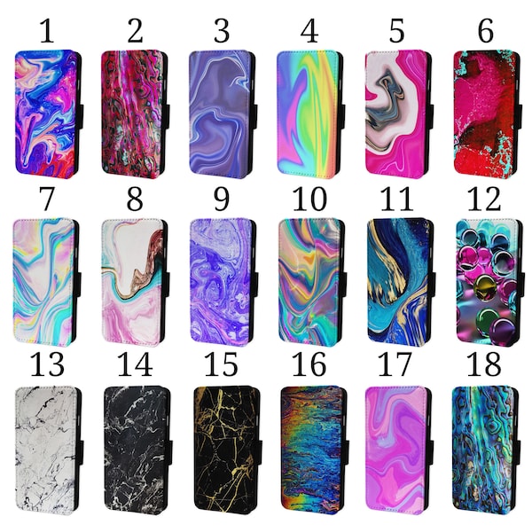 Wallet Phone Case for iPhone 6 7 8 X XR 11 12 13 14 15 Plus Pro Max Flip Cover - Assorted Designs - Marble Liquid Colors Abalone Geode Paint