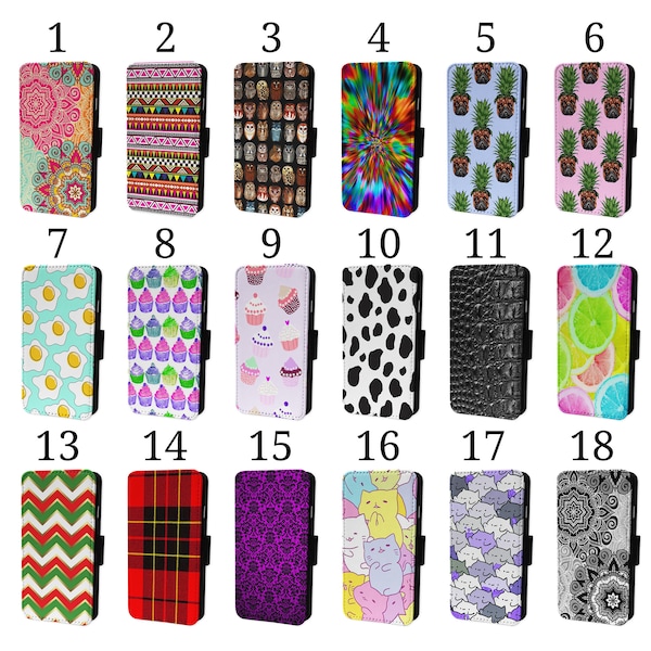 Wallet Phone Case for iPhone 6 7 8 X XR 11 12 13 14 15 Flip Cover - Assorted Designs - Mandala Damask Owl Cow Tartan Chevron Cup Cake Fruit