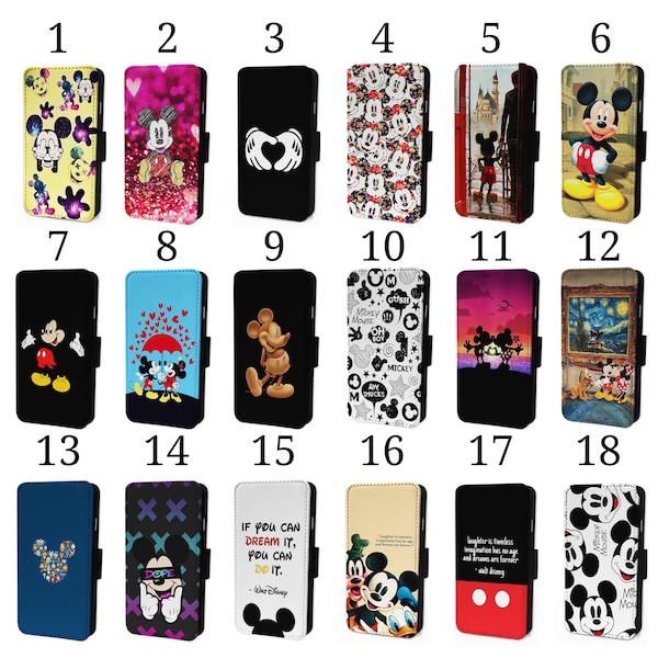 Wallet Phone Case for iPhone 6 7 8 X XR 11 12 13 14 15 Flip Cover - Assorted Designs - Mickey Mouse Disney Character Hands Hipster Love Art