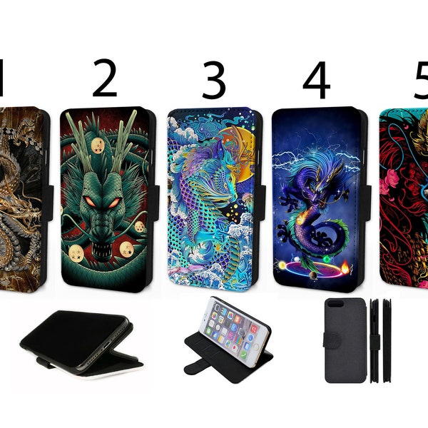 Wallet Phone Case for iPhone 6 7 8 X XR 11 12 13 14 15 Mini Pro Max Plus Flip Cover - Assorted Designs - Dragon Art Chinese Mythical