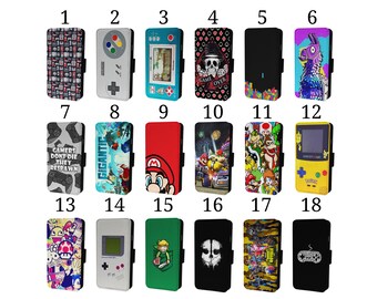 Wallet Phone Case for Samsung S9 S10 S20 S21 S22 S23 Note Plus Ultra - Flip Cover - Retro Gaming Games Console Characters Respawn Quote