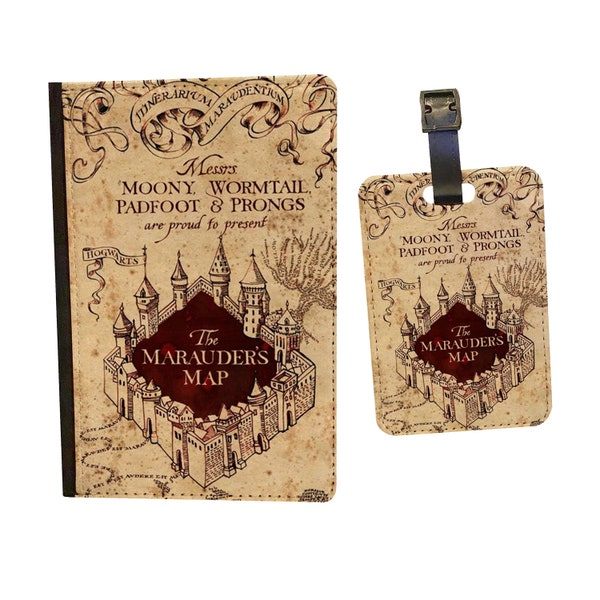 Passport Cover and Luggage Tag Travel Holiday Suitcase Accessory (Various Designs) - World Traveler Marauders Map Wizard Art