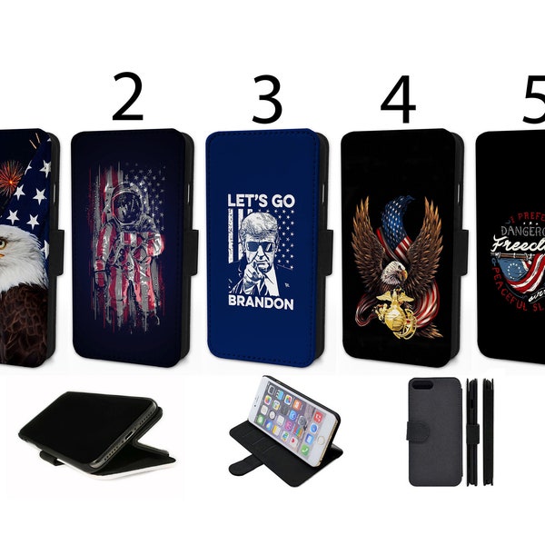 Wallet Phone Case for iPhone 6 7 8 X XR 11 12 13 14 15 Mini Pro Max Plus Flip Cover - Assorted Designs - United States America Eagle Flag
