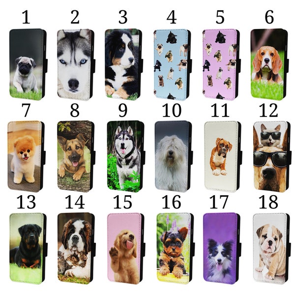 Wallet Phone Case for iPhone 6 7 8 X XR 11 12 13 14 15 + Flip Cover - Assorted Designs - Dog Breeds Puppy Pug Labrador Husky Beagle Collie