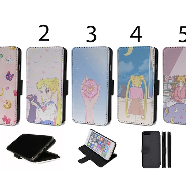 Wallet Phone Case for Samsung S9 S10 S20 S21 S22 S23 Plus Ultra Note - Flip Cover - Assorted Designs - Anime Girl Cat Moon Pattern