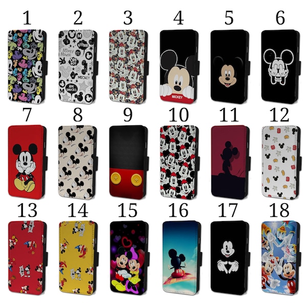 Wallet Phone Case for iPhone 6 7 8 X XR 11 12 13 14 15 Flip Cover - Assorted Designs - Mickey Mouse Walt Disney Pattern