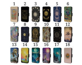 Wallet Phone Case for iPhone 6 7 8 X XR 11 12 13 14 15 Flip Cover - Assorted Designs - Tarot Cards Sun Moon Star Fool Colorful Psychic Art