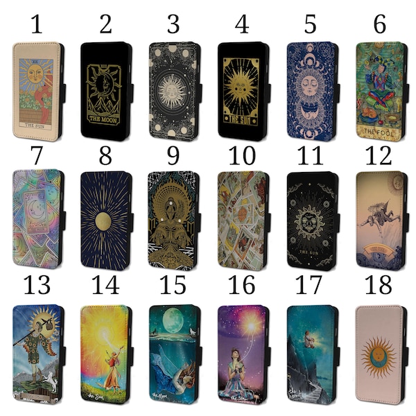 Wallet Phone Case for iPhone 6 7 8 X XR 11 12 13 14 15 Flip Cover - Assorted Designs - Tarot Cards Sun Moon Star Fool Colorful Psychic Art