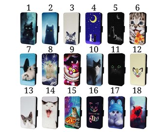 Wallet Phone Case for iPhone 6 7 8 X XR 11 12 13 14 15 Flip Cover - Assorted Designs - Cats & Kittens Funny Cute Black White Pizza Gym