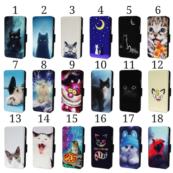 Wallet Phone Case for iPhone 6 7 8 X XR 11 12 13 14 15 Flip Cover - Assorted Designs - Cats & Kittens Funny Cute Black White Pizza Gym