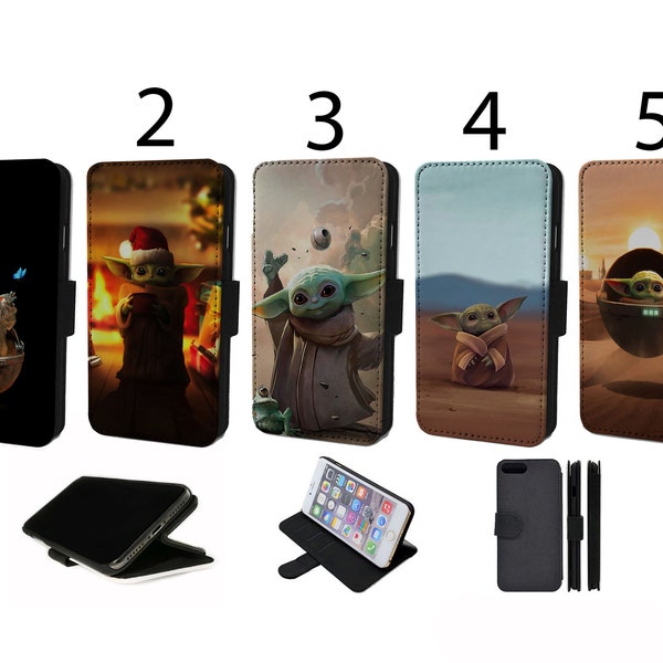 Wallet Phone Case for iPhone 6 7 8 X XR 11 12 13 14 15 Mini Pro Max Plus Flip Cover - Assorted Designs - Baby Yoda Grogu