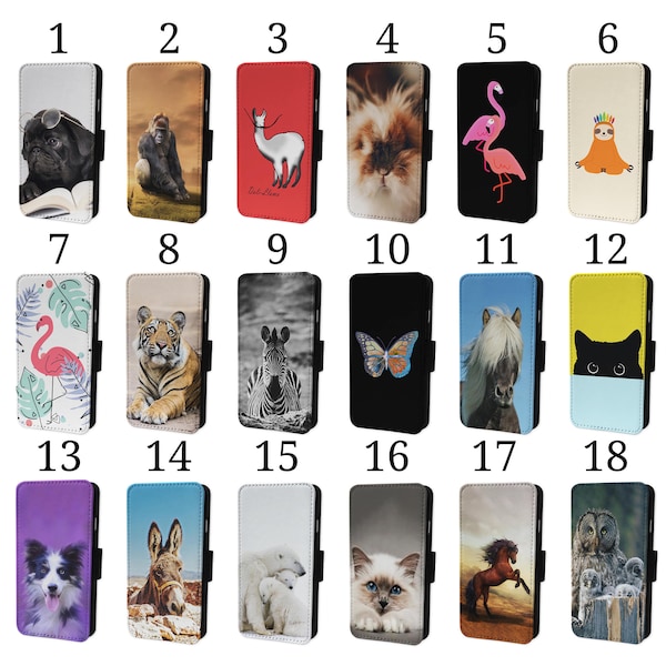 Wallet Phone Case for iPhone 6 7 8 X XR 11 12 13 14 15 Flip Cover - Assorted Designs - Animals Pug Monkey Tiger Flamingo Llama Sloth Horse