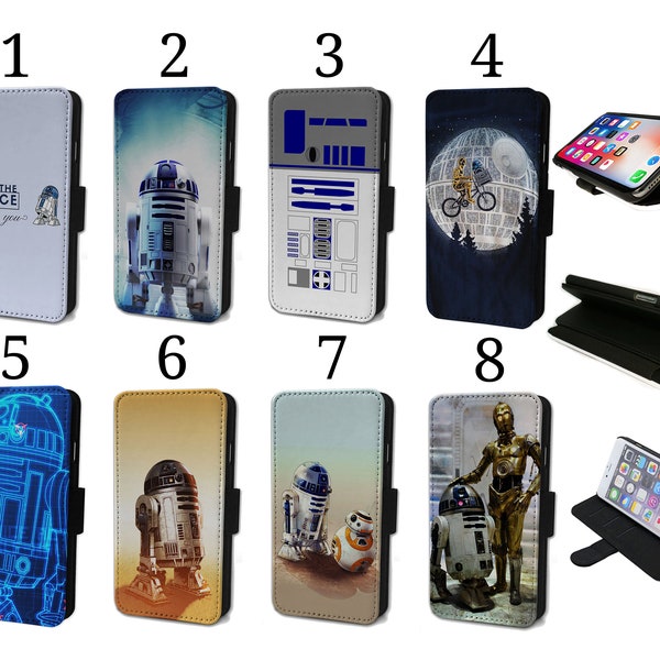 Wallet Phone Case for iPhone 6 7 8 X XR 11 12 13 14 15 Plus Pro Max Flip Cover - Assorted Designs - R2D2 Star Wars Yoda Mandalorian