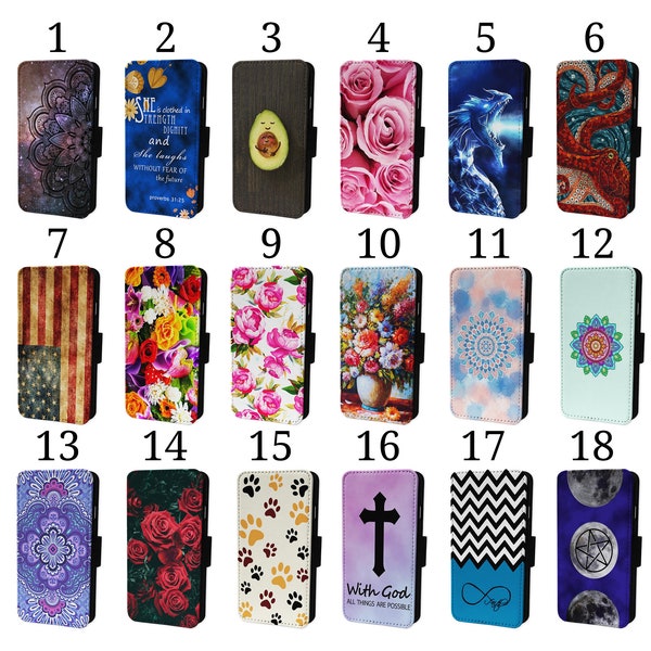 Wallet Phone Case for iPhone 6 7 8 X XR 11 12 13 14 15 Flip Cover - Assorted Designs - USA Rose Cross Floral Bible Quote Octopus Avocado