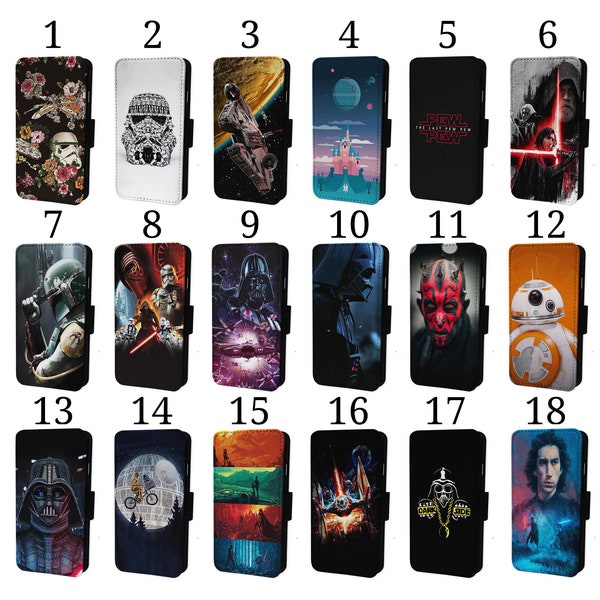 Wallet Phone Case for iPhone 6 7 8 X XR 11 12 13 14 15 Pro Max Flip Cover - Assorted Designs - Characters Art Star Moon Robot Trooper Wars