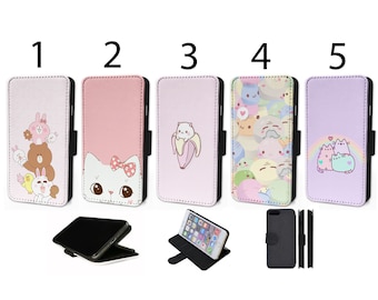 Wallet Phone Case for iPhone 6 7 8 X XR 11 12 13 14 15 Mini Pro Max Plus Flip Cover - Assorted Designs - Cute Kawaii Cats Anime