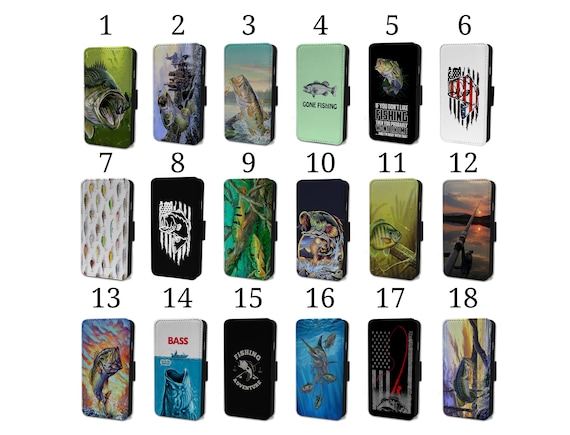 Wallet Phone Case for iPhone 6 7 8 X XR 11 12 13 14 15 Pro Flip Cover  Assorted Designs Fishing Angling Bass Hawg Fish Bait & Hook Lake 