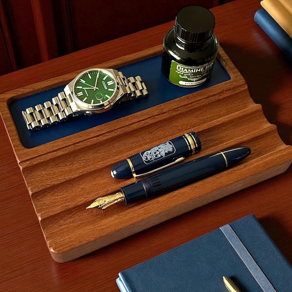 Houten pen- en inktstandaard: blauwe leren bureauhouder