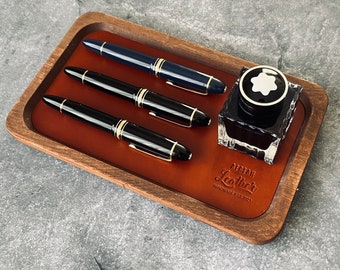 Leather Wood Tray, Leather Pen Tray, Desktop Organizer, Wood Pen Tray.