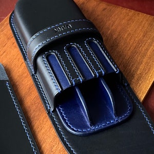 Black Sapphire Leather 3 Pen Case, Leather Triple Pen Case, Leather Fountain Pen Case, Pencil Case, Pen Divider