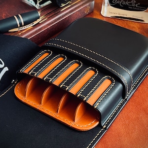 Black Amber 5 Pen Case, Leather Pen Case, Leather Fountain Pen Case, Pencil Case, image 1