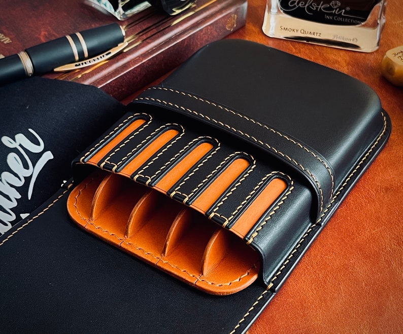 Black Amber 5 Pen Case, Leather Pen Case, Leather Fountain Pen Case, Pencil Case, image 1