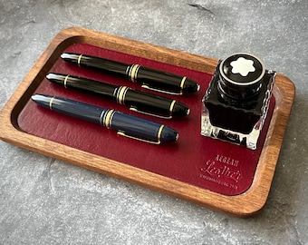 Plateau en cuir et bois, porte-stylos en cuir, organiseur de bureau, porte-stylos en bois.