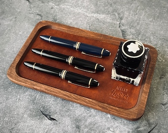 Leather Wood Tray, Leather Pen Tray, Desktop Organizer, Wood Pen Tray.