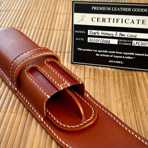 Dark Honey 2 Pen Case, Leather Two Pen Case, Double Pen Case,