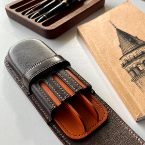 Coffee Bean Leather 3 Pen Case, Leather Triple Pen Case, Leather Fountain Pen Case, Pencil Case