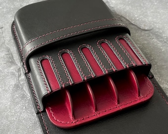 Black Ruby Leather 5-Pen Case: Luxury Personalized Fountain Pen Holder
